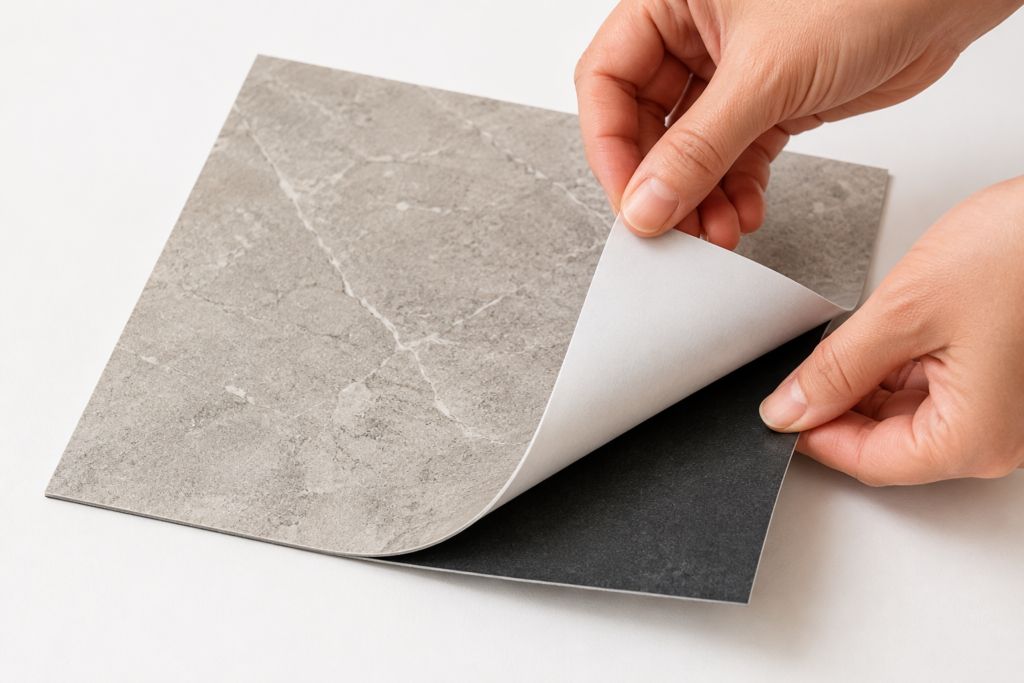 Hand peeling back the corner of a peel-and-stick floor tile.