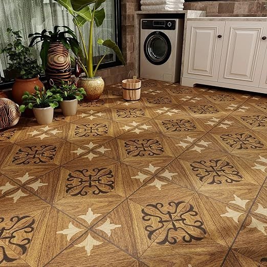 A peel and stick flooring close-up view in the kitchen. 
