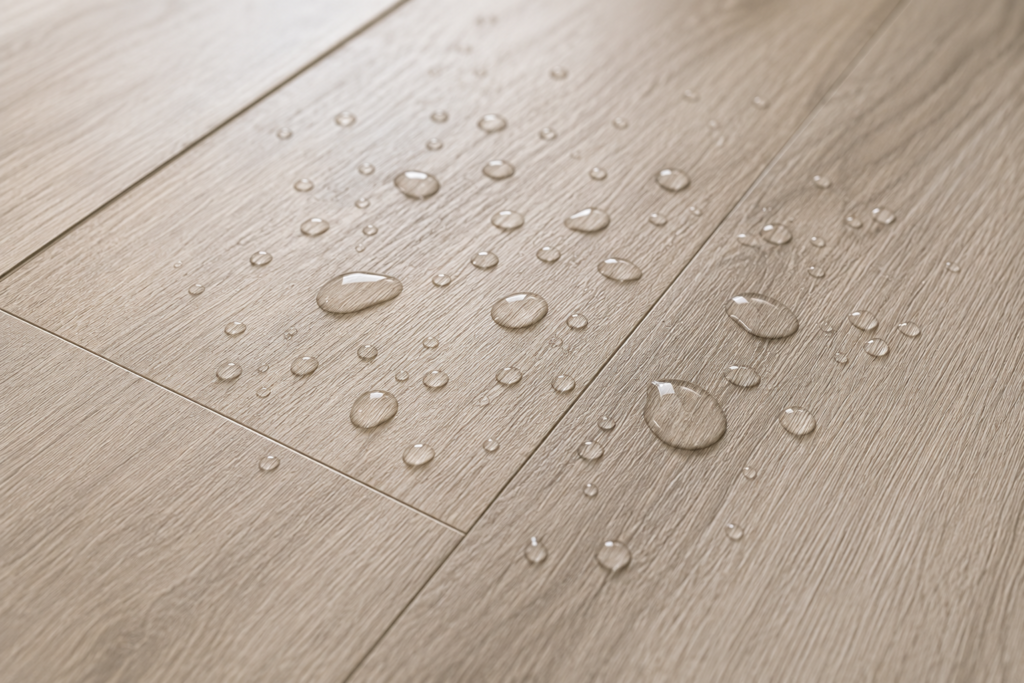 Close-up of waterproof peel-and-stick vinyl plank flooring with water droplets beading on the surface.