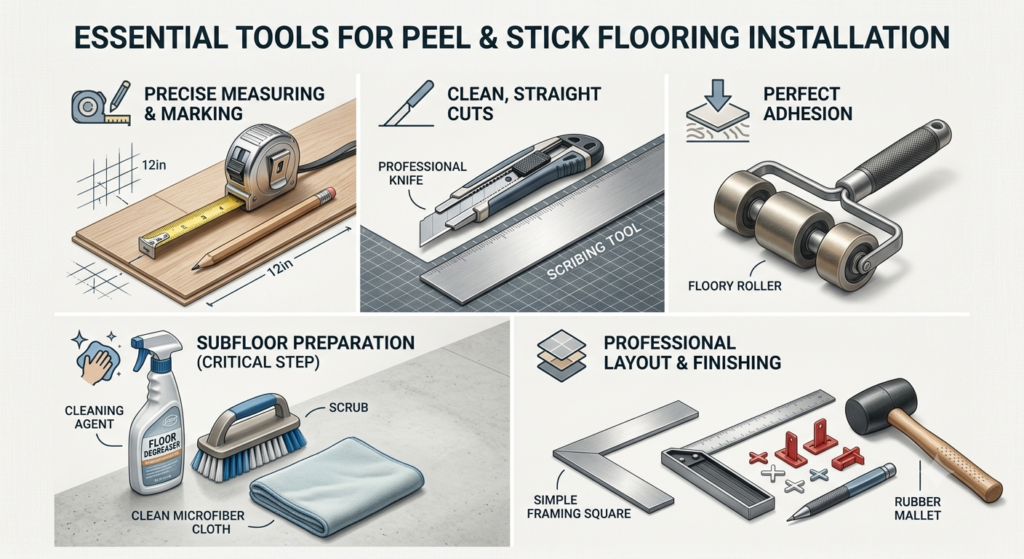 A list of important tools that are needed for installing peel and stick tiles. 