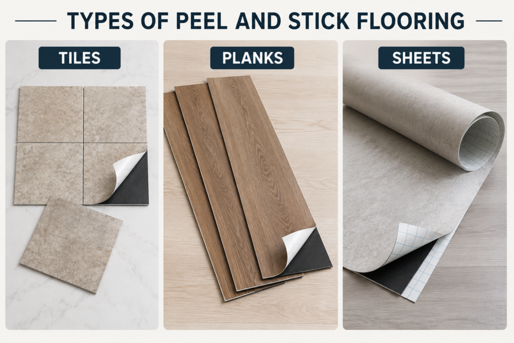 Comparison of peel-and-stick flooring in tile, plank, and sheet formats.