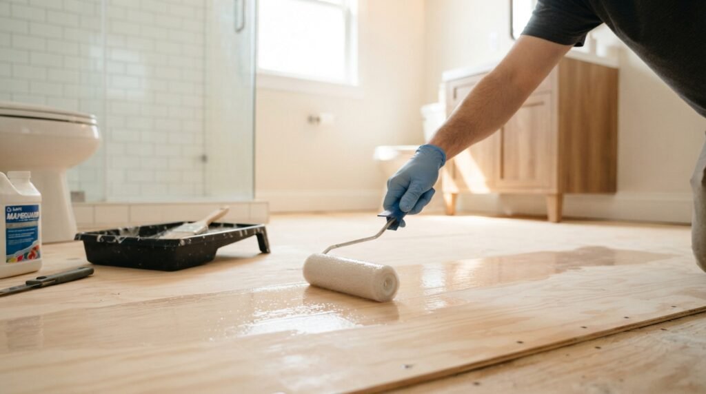 Person rolling primer onto plywood subfloor before installing peel and stick tiles.