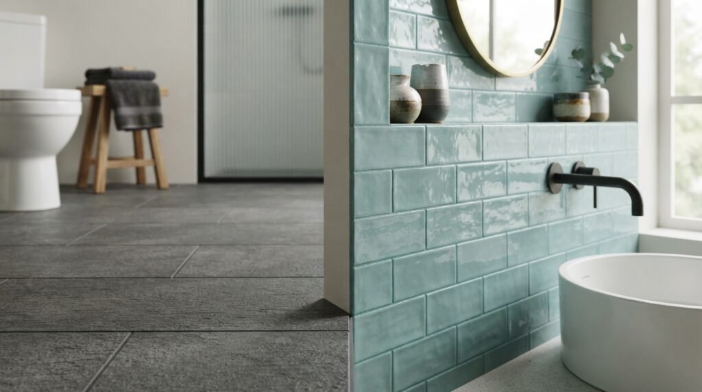 Bathroom with different tile styles on the floor and walls