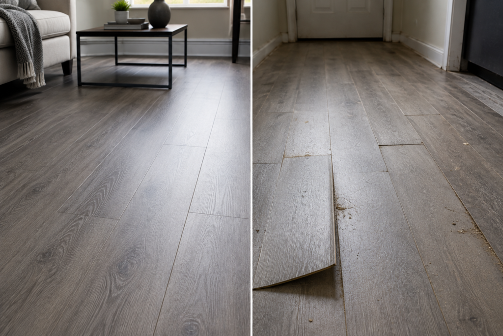 Comparison of new peel and stick flooring and older flooring with lifted edges and visible wear.