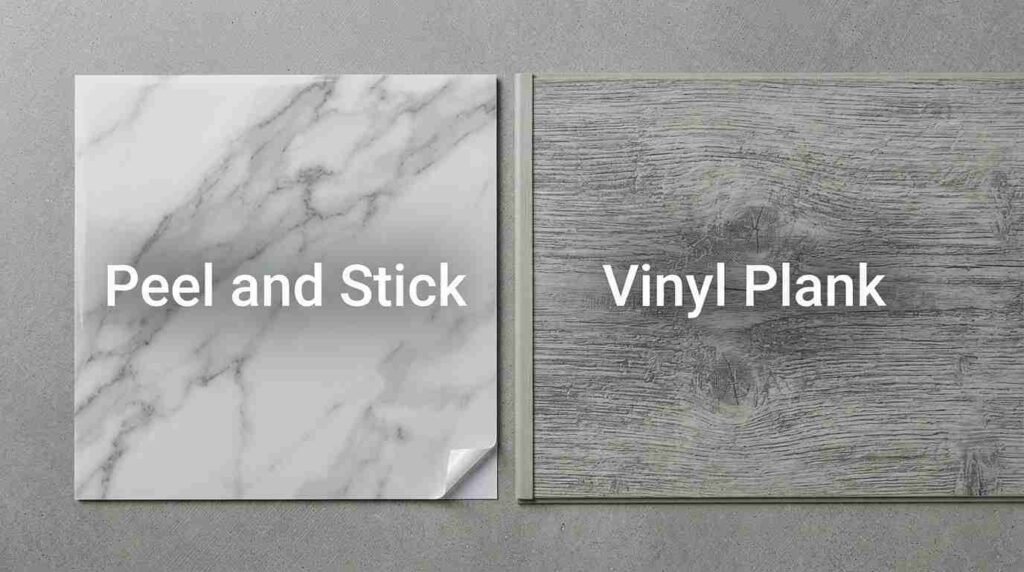 Side-by-side comparison of vinyl plank flooring and peel and stick flooring.