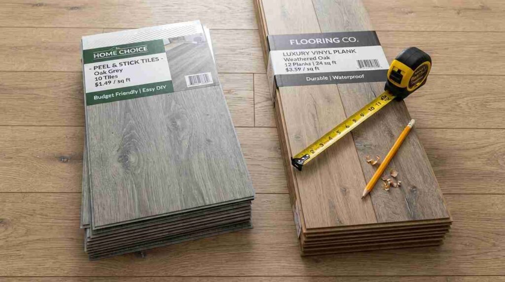Flooring materials and measuring tools for comparing peel and stick flooring and vinyl plank flooring.
