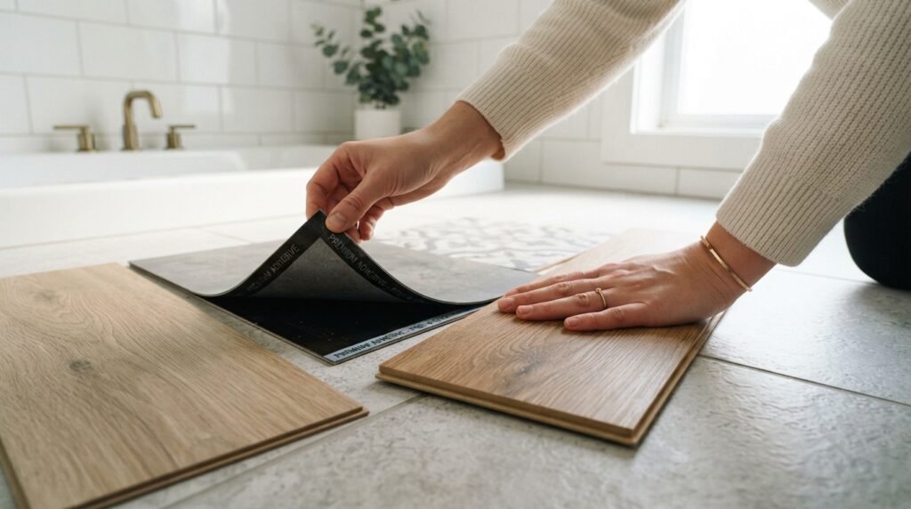 Hands peeling backing off wood-look peel and stick floor tile in a bathroom.