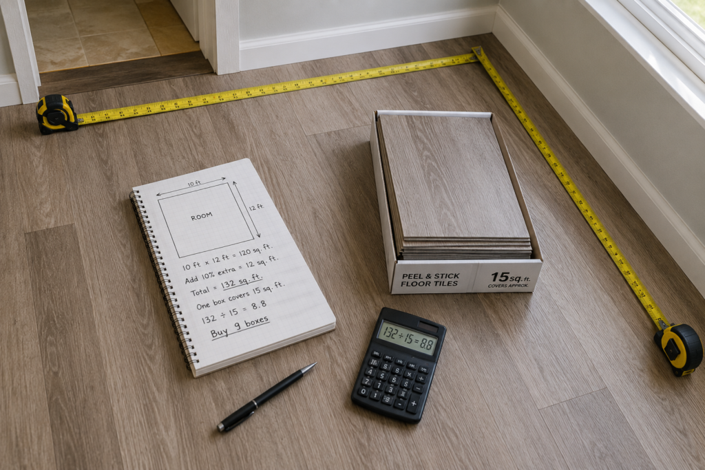 How to measure a room for peel and stick floor tiles using a tape measure.