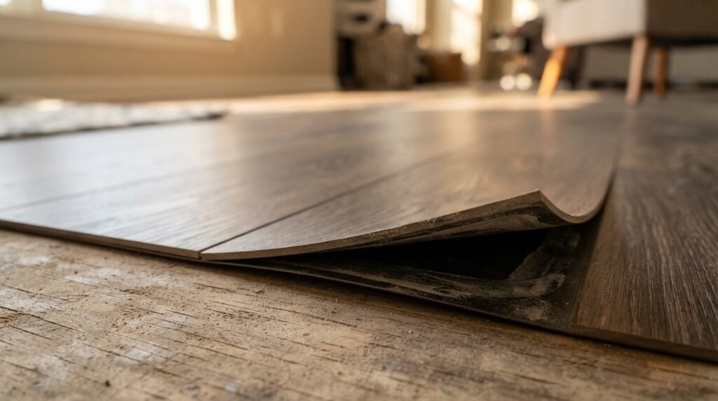 Peel and stick vinyl tile lifting up at the corner on an old wood subfloor