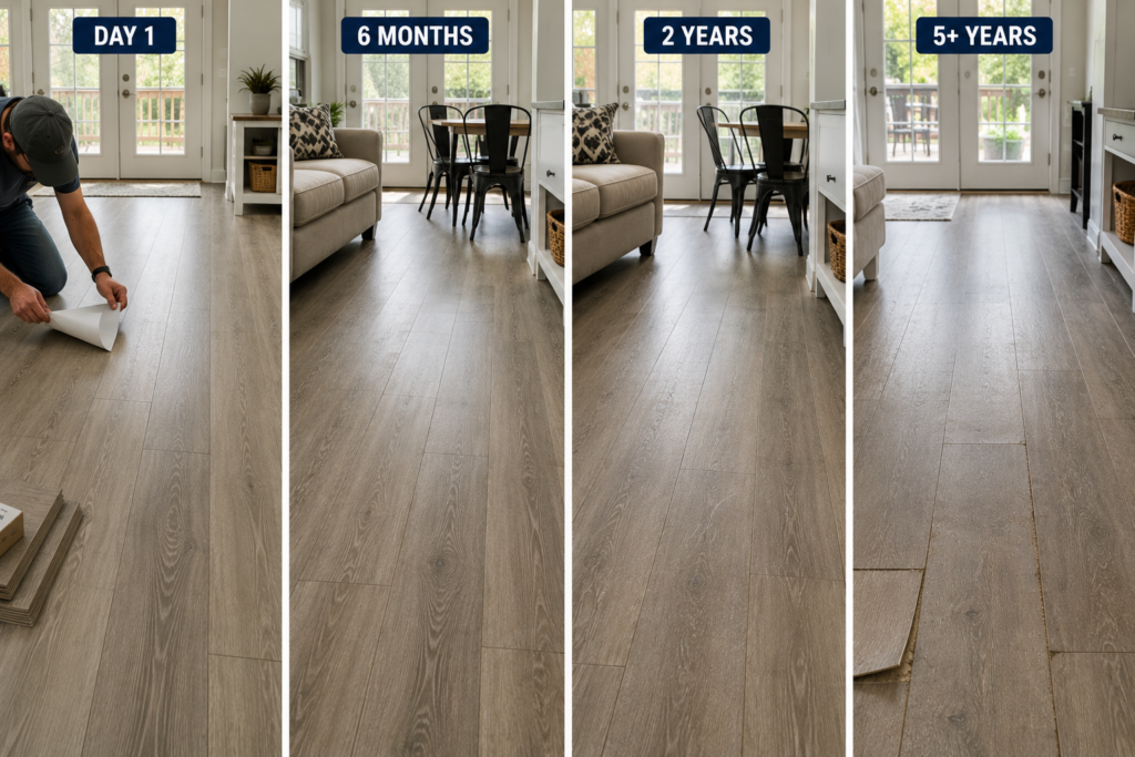 Timeline showing peel and stick flooring from installation through several years of everyday use.