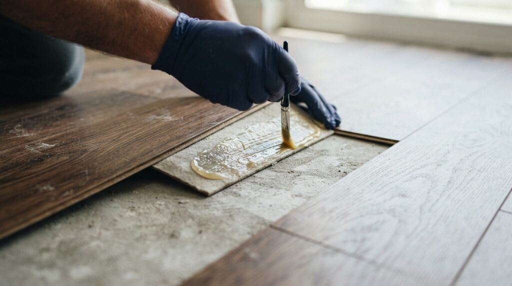 Person wearing blue gloves using a small brush to spread liquid glue on subfloor under lifted tile. 