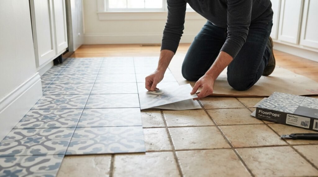 Person applying peel and stick tiles over an existing tiled floor during a DIY flooring update.