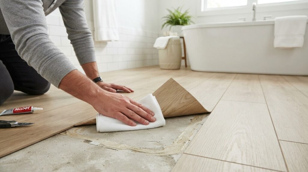 Person wiping clean concrete subfloor under lifted vinyl tile with a cloth before applying fresh adhesive