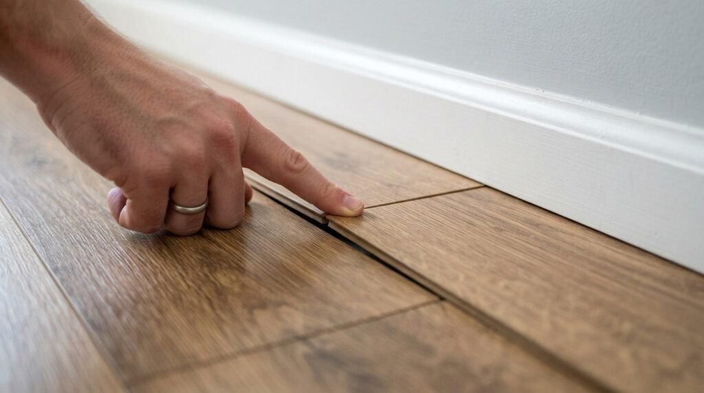 Floating laminate flooring with loose planks before installing peel and stick floor tiles