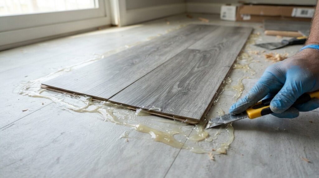 Adhesive coming out from under peel and stick floor tile