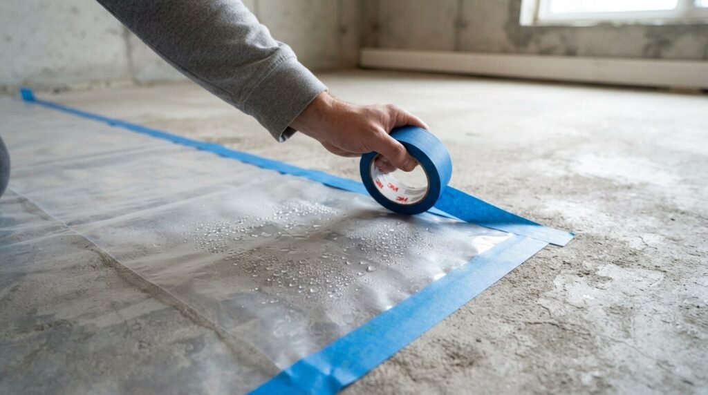Plastic moisture test on a concrete floor before flooring installation