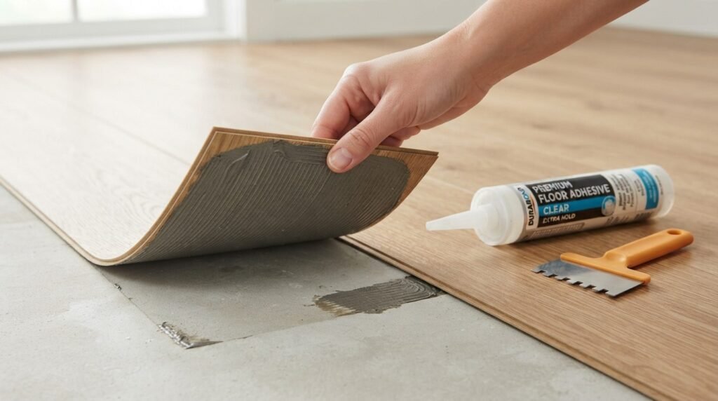 Hand holding a notched trowel to spread extra-hold floor adhesive underneath a curling vinyl tile. 