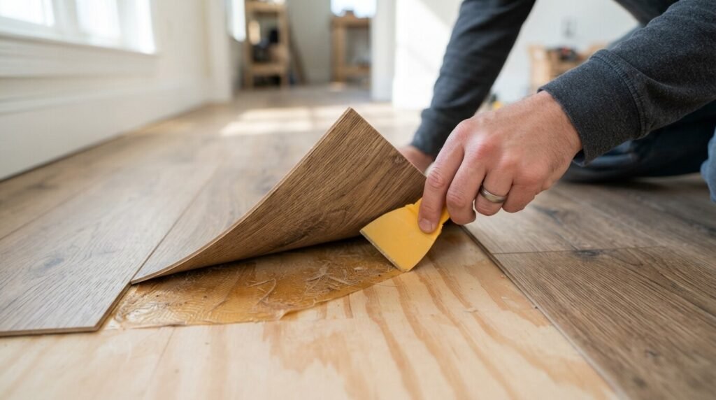 Person using a plastic putty knife to gently lift a curling peel and stick floor tile edge without damaging subfloor. 