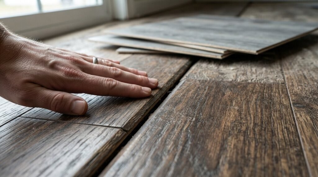 Hand checking the texture and surface of laminate flooring before installing peel and stick tiles