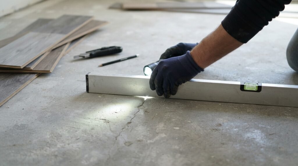 Look for cracks, low spots, and uneven areas before installing peel and stick flooring over concrete.