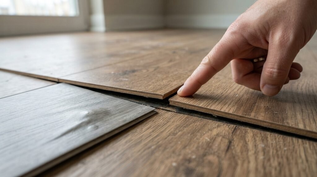 Large gaps between laminate floor planks that may affect peel and stick tile installation
