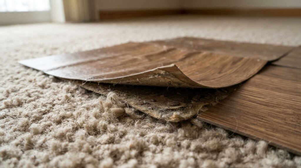 Peeling vinyl plank tile curling up and failing over carpet fibers. 