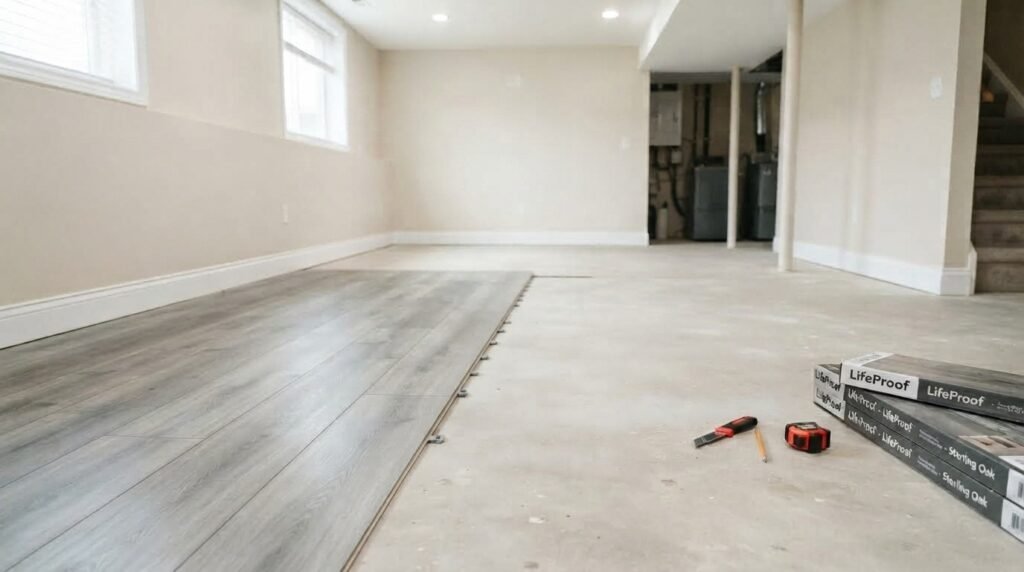 Installing new flooring over a prepared concrete subfloor.