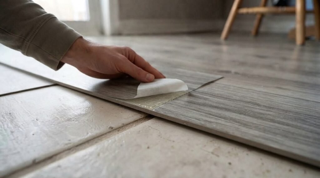 Peel and stick tile being installed over an existing tile floor, showing how adding new flooring can raise the floor height.