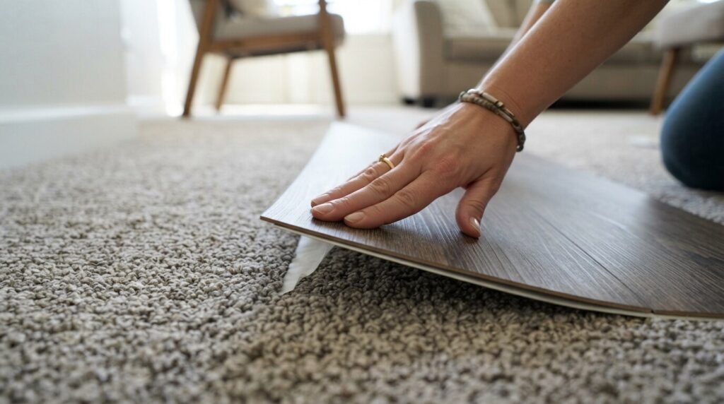 Hand pressing wood look peel and stick tile directly onto carpet flooring