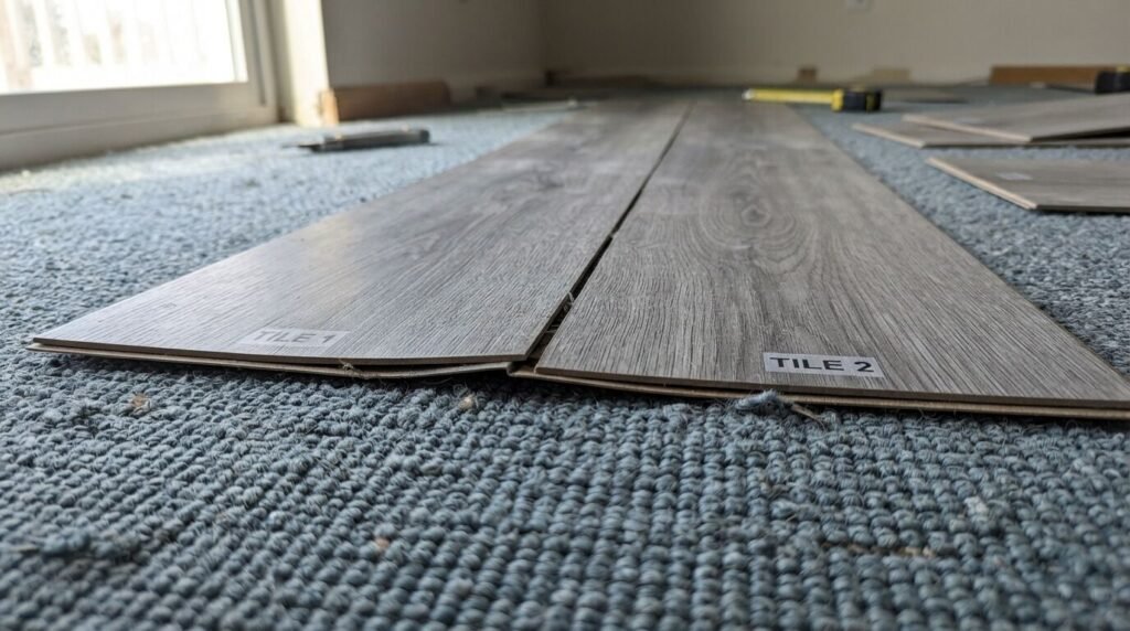 Wood plank peel and stick tiles placed over low pile blue carpet showing uneven gaps and movement. 