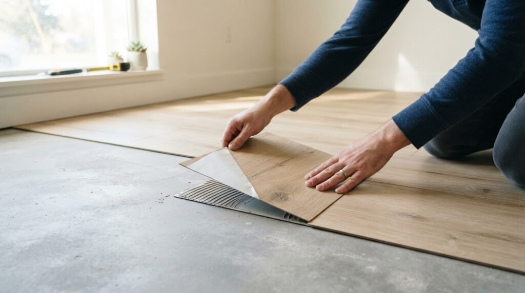 Peel and stick floor tiles being applied over a prepared concrete subfloor.