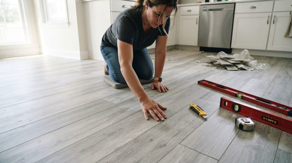Person checking peel and stick floor tiles for curling and lifting.
