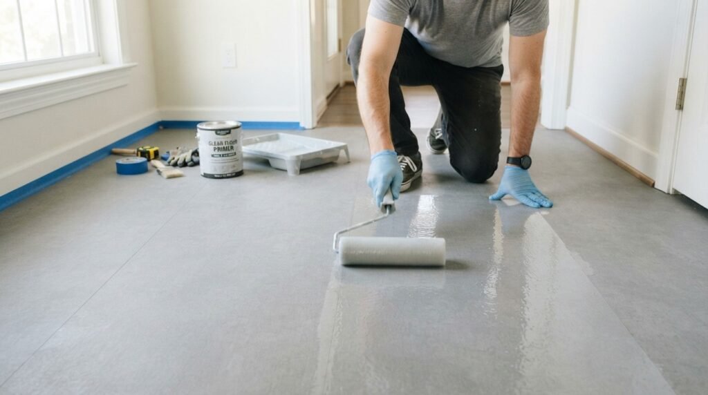 Primer being applied to a vinyl floor before peel and stick tiles
