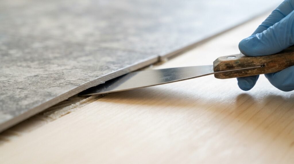 Putty knife lifting peel and stick tile from a wood floor during tile removal