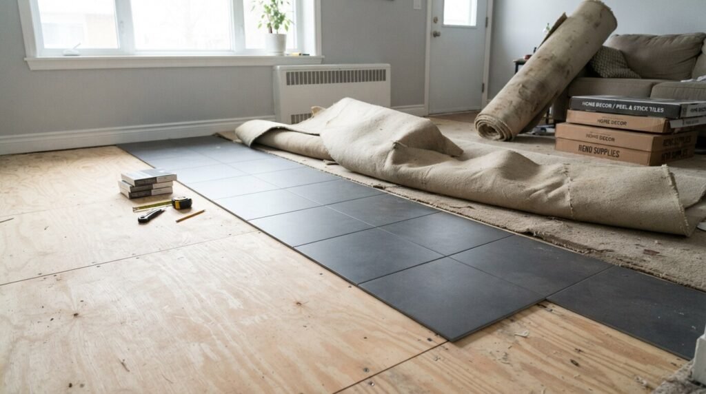 Removing old carpet to install dark gray peel and stick tiles on plywood subfloor
