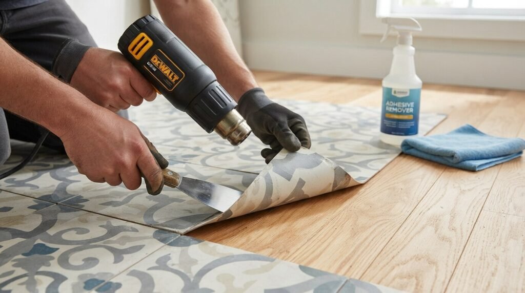 Removing peel and stick tile with a putty knife and heat gun during flooring removal
