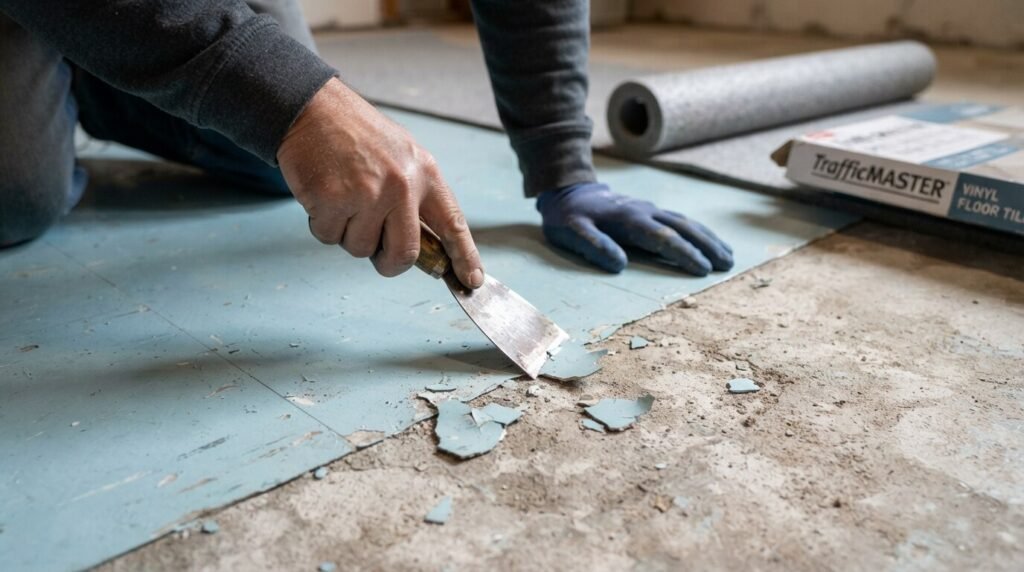 Scrape away loose paint and residue before installing peel and stick floor tiles over concrete.