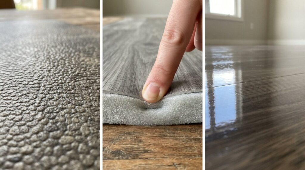 Different vinyl floor surfaces before installing peel and stick tiles