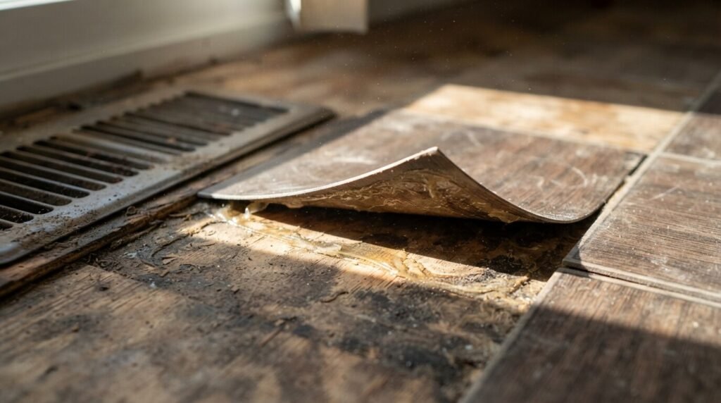 Peel and stick floor tile curling near a floor vent.