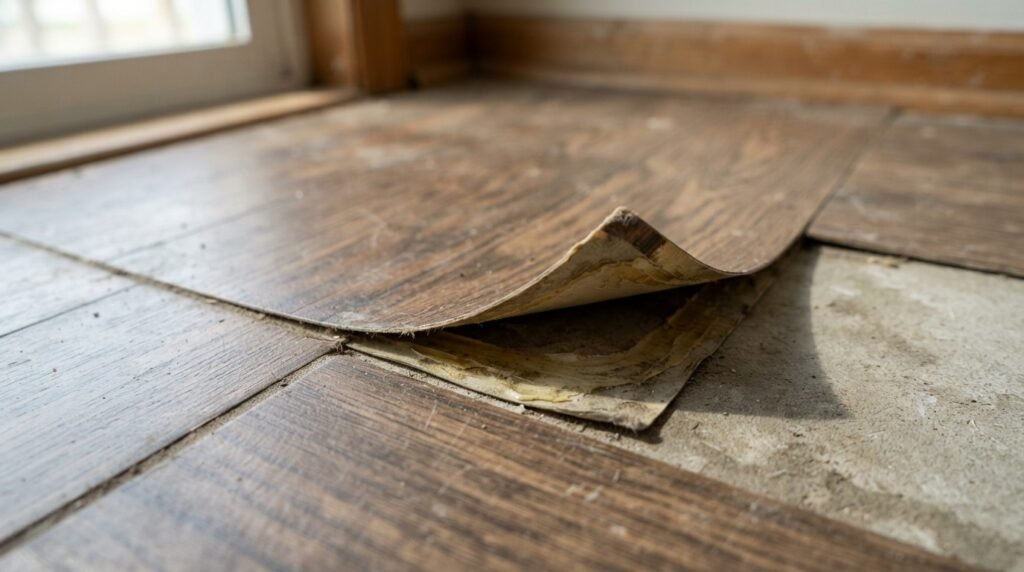 Peel and stick vinyl floor tile curling and peeling up from the floor.