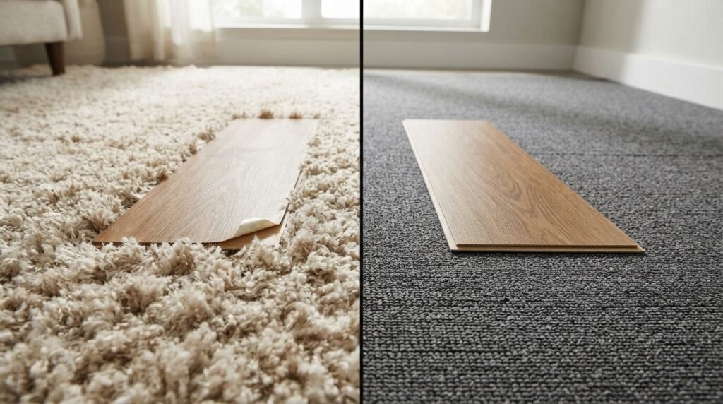 Comparison of vinyl floor tiles placed on high pile shag carpet versus low pile industrial carpet. 