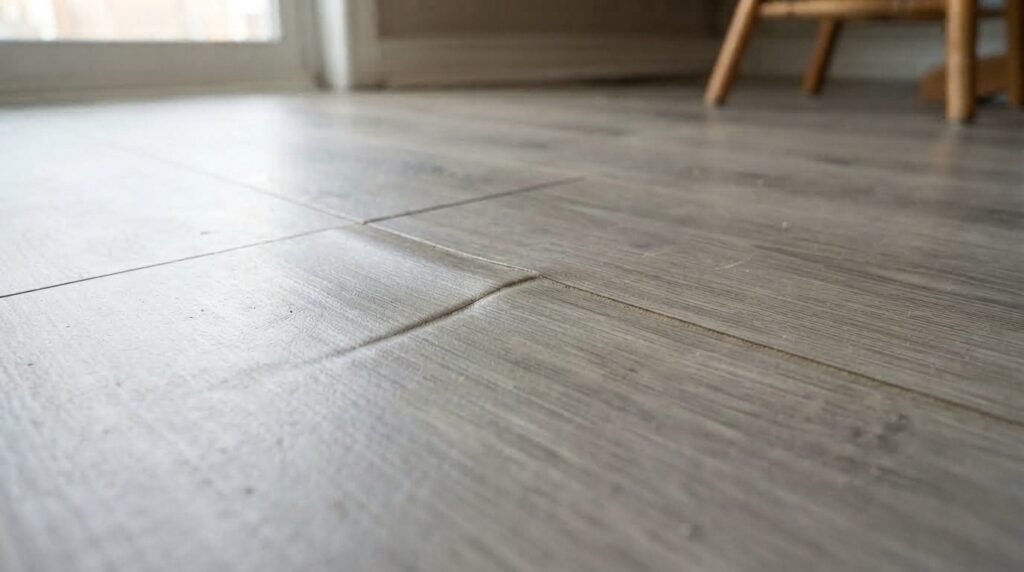 Existing tile floor with visible grout lines beneath peel and stick flooring, showing why grout lines may affect tile installation.