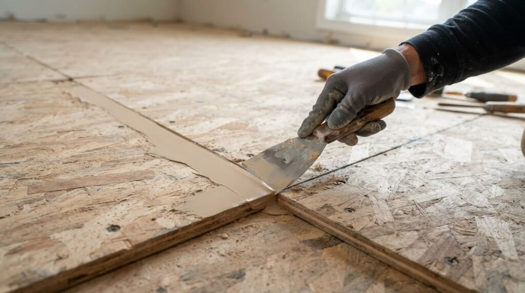 Applying wood filler to a plywood subfloor before peel and stick flooring