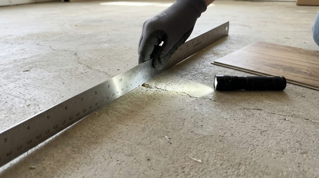A gloved hand holding a long metal ruler on a concrete floor next to a small flashlight.