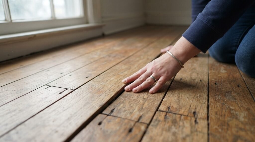 Person checking hardwood floor planks for movement before installing peel and stick tiles