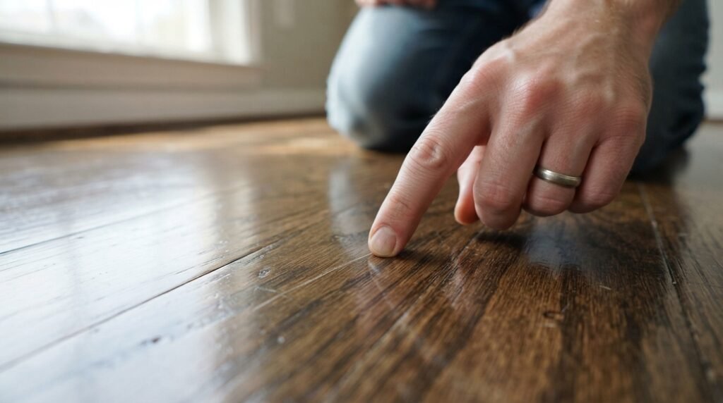 Person checking the finish of a hardwood floor before installing peel and stick tiles
