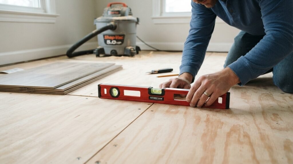 Checking plywood subfloor for a flat surface before installing peel and stick tiles
