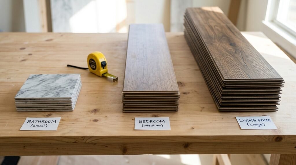 Stacks of vinyl flooring material labeled for small bathroom, medium bedroom, and large living room with a tape measure.   