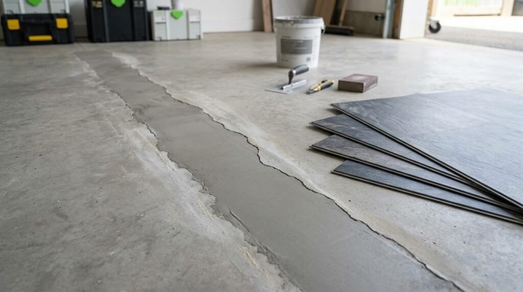 Smooth patched concrete crack on floor with vinyl floor tiles and prep tools nearby. 