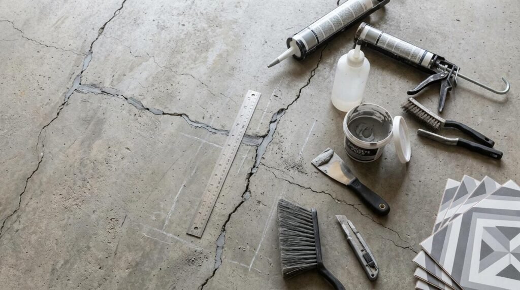 Overhead view of caulk guns, concrete patch container, putty knife, brush, and patterned stick-on tiles on cement